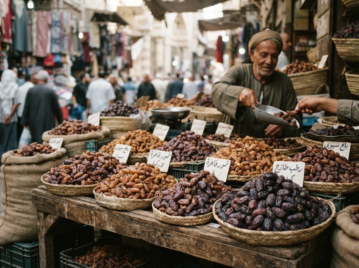 تشكيلة متنوعة من التمور المصرية المعروضة للبيع في سوق محلي.