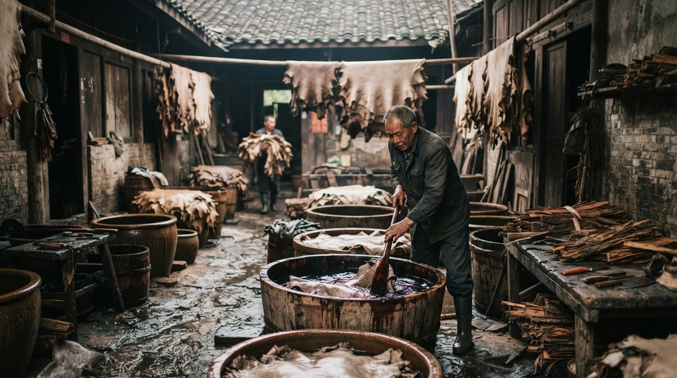 传统中国鞣制皮革工坊的内部景象
