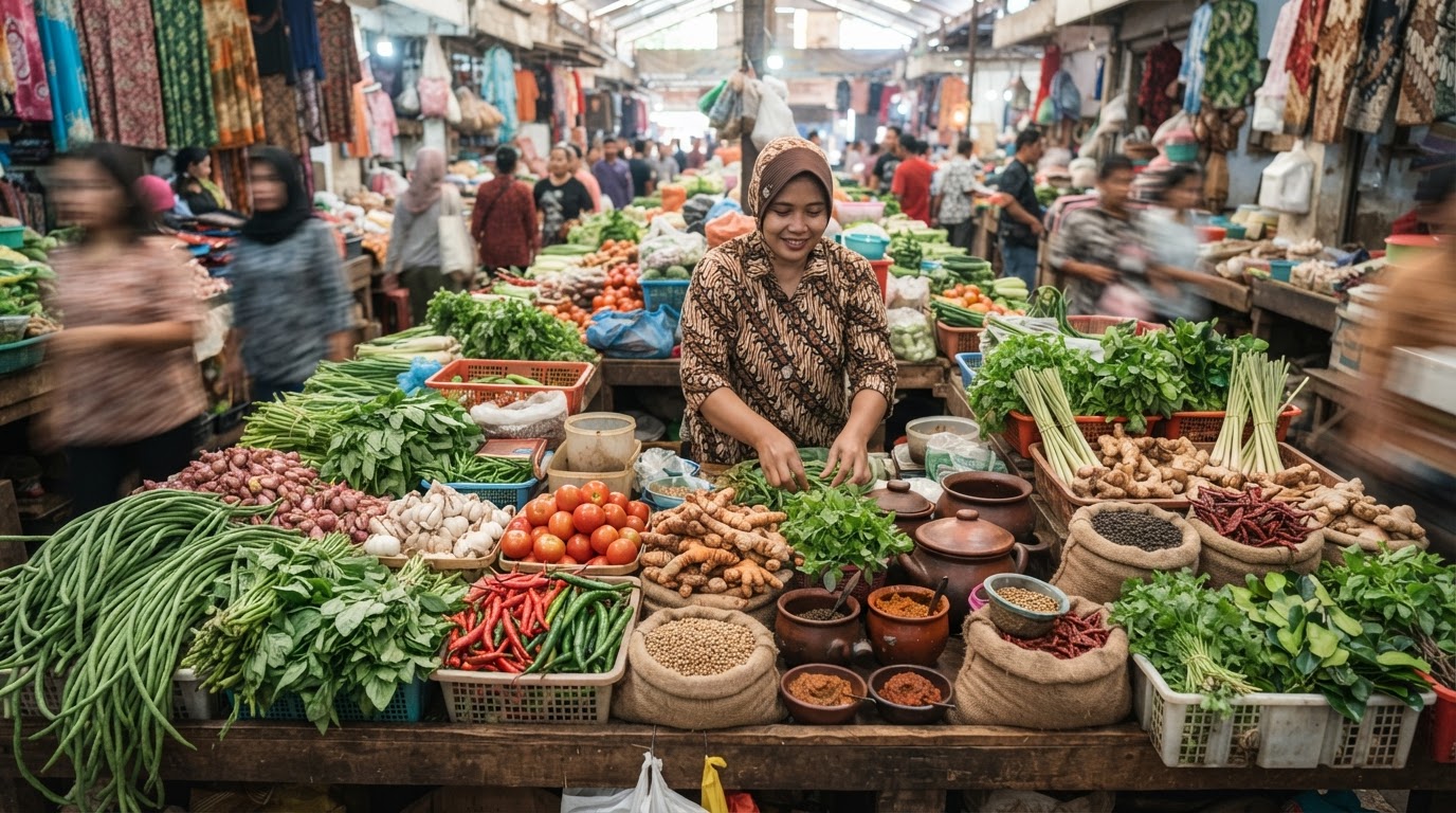 Stan pasar Indonesia yang ramai dengan berbagai macam sayuran segar, rempah-rempah, dan bumbu.