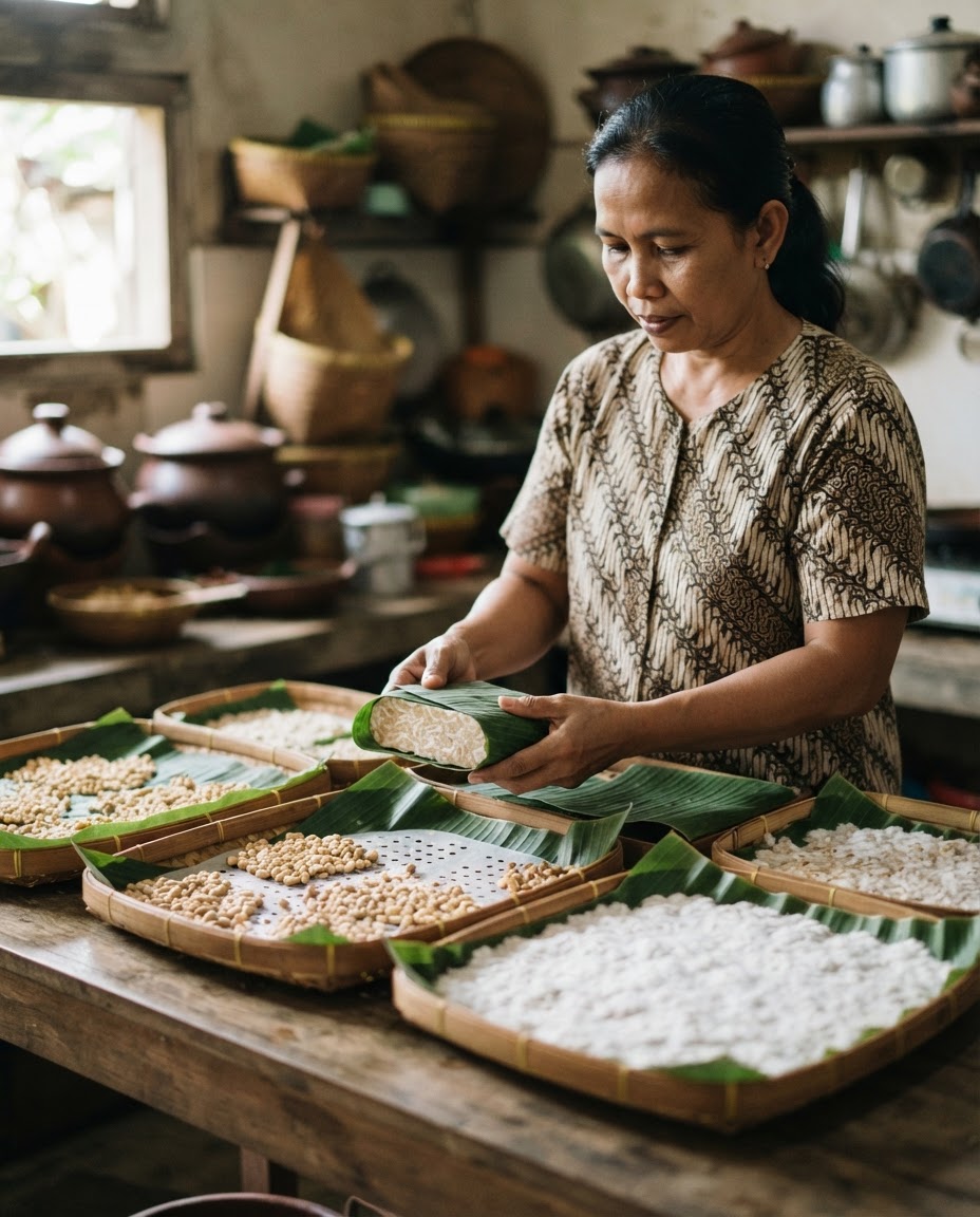 Proses fermentasi tempe, sebuah sumber protein nabati yang kaya nutrisi.