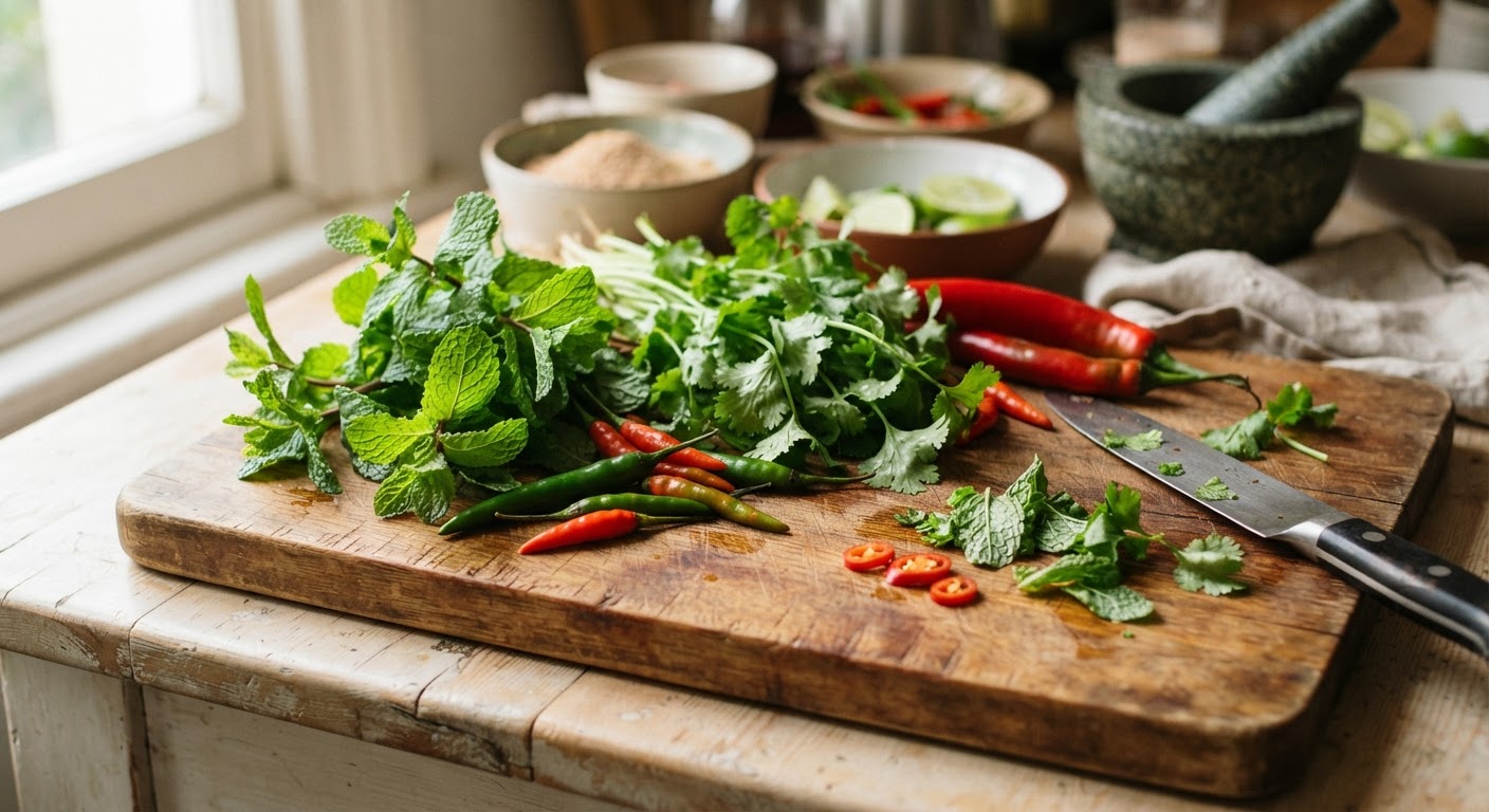 Bumbu segar seperti mint, ketumbar, dan cabai adalah kunci cita rasa larb.