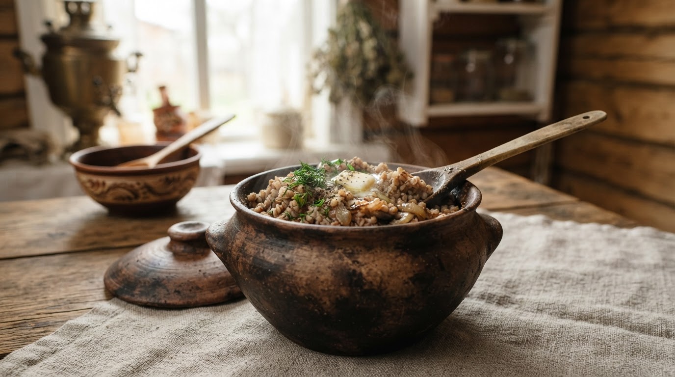Традиционная русская гречневая каша в глиняном горшочке