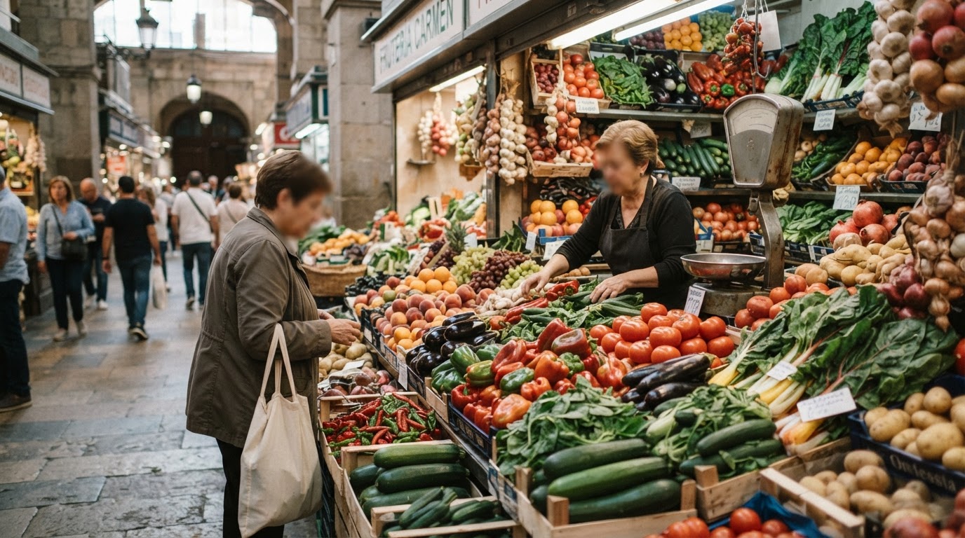 Puesto de mercado español con frutas y verduras frescas