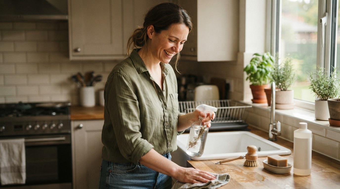 Mulher a limpar a cozinha com produtos ecológicos, sorrindo.