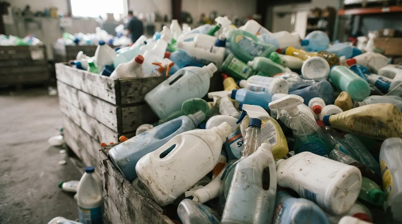 Embalagens de plástico de produtos de limpeza, um problema ambiental significativo.