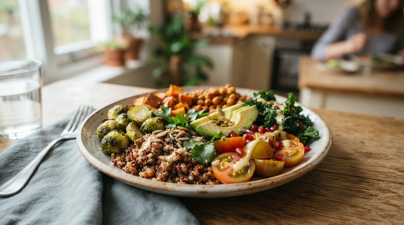 Assiette colorée de plats végétaliens, vue rapprochée