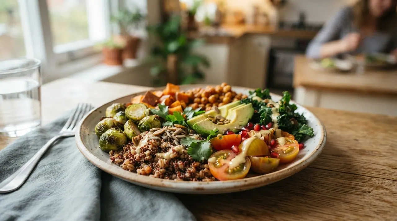 Assiette colorée de plats végétaliens, vue rapprochée