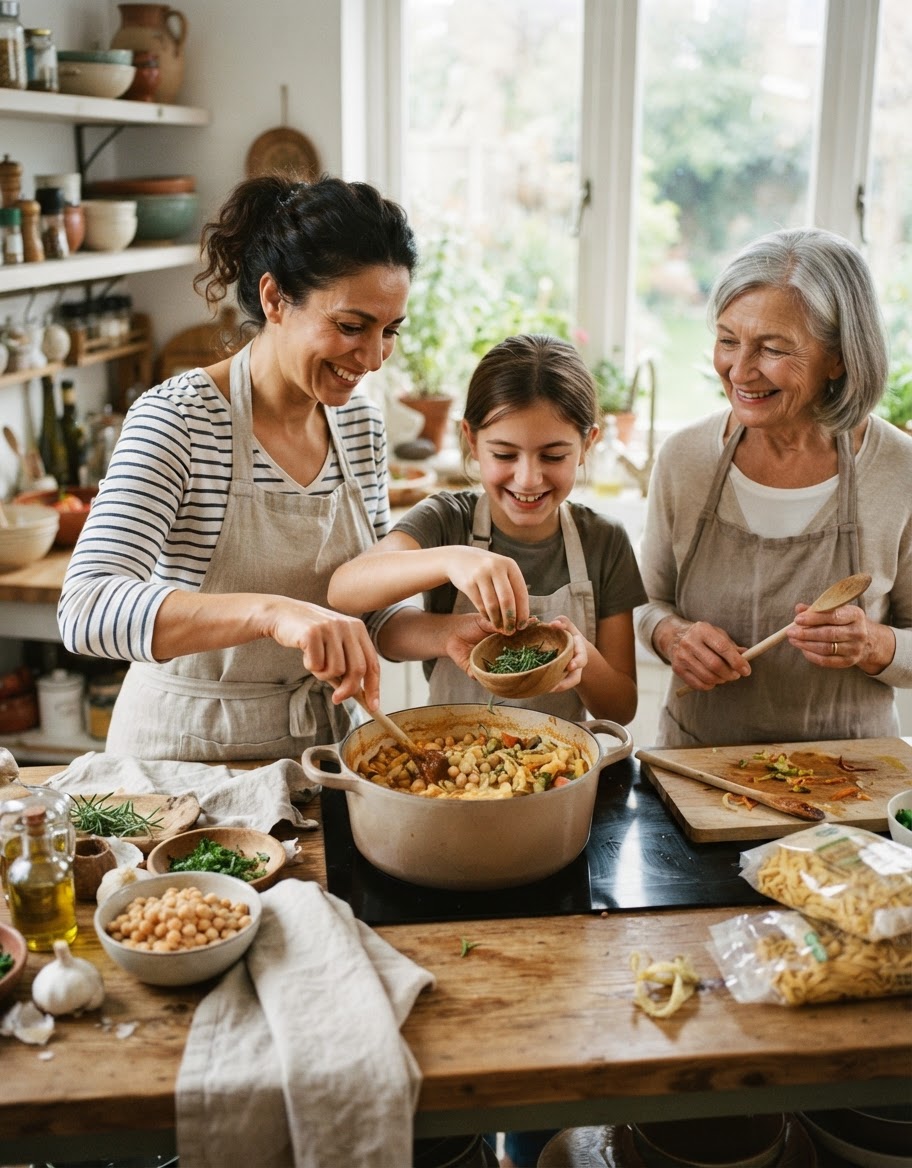 Famiglia italiana che cucina pasta e ceci in una cucina luminosa