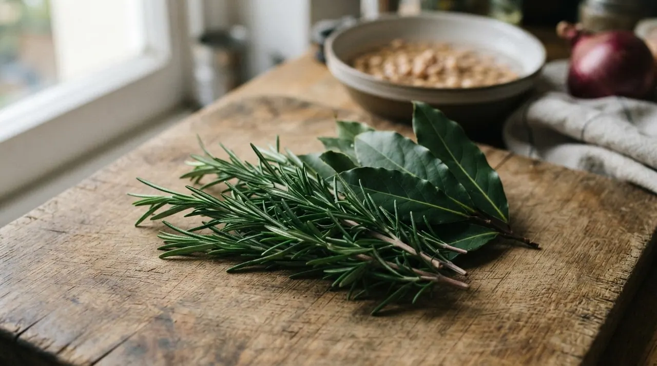 Rosmarino e alloro freschi, erbe aromatiche che esaltano il sapore della Pasta e Ceci.