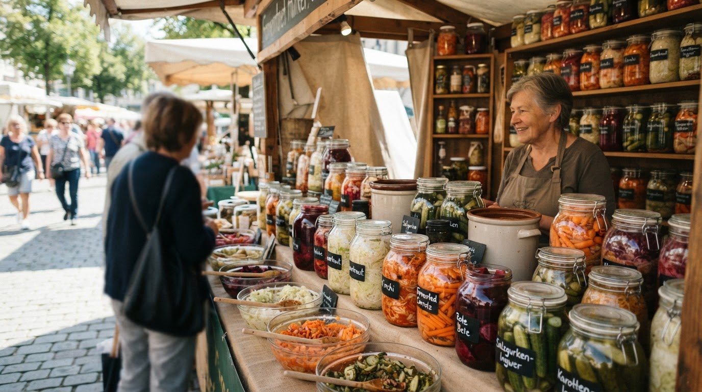 Marktstand mit verschiedenen fermentierten Gemüsesorten
