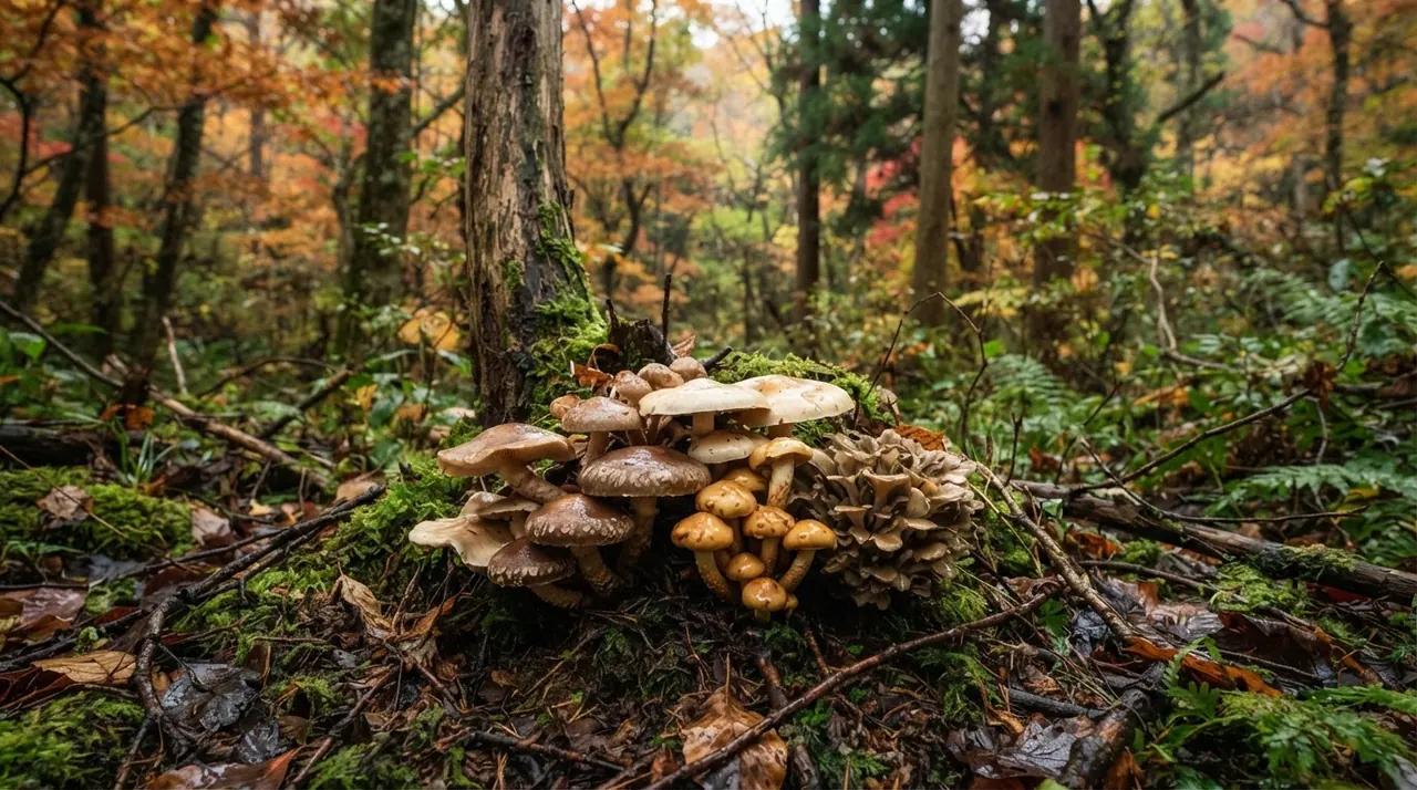 日本の秋の森、きのこが生えている様子