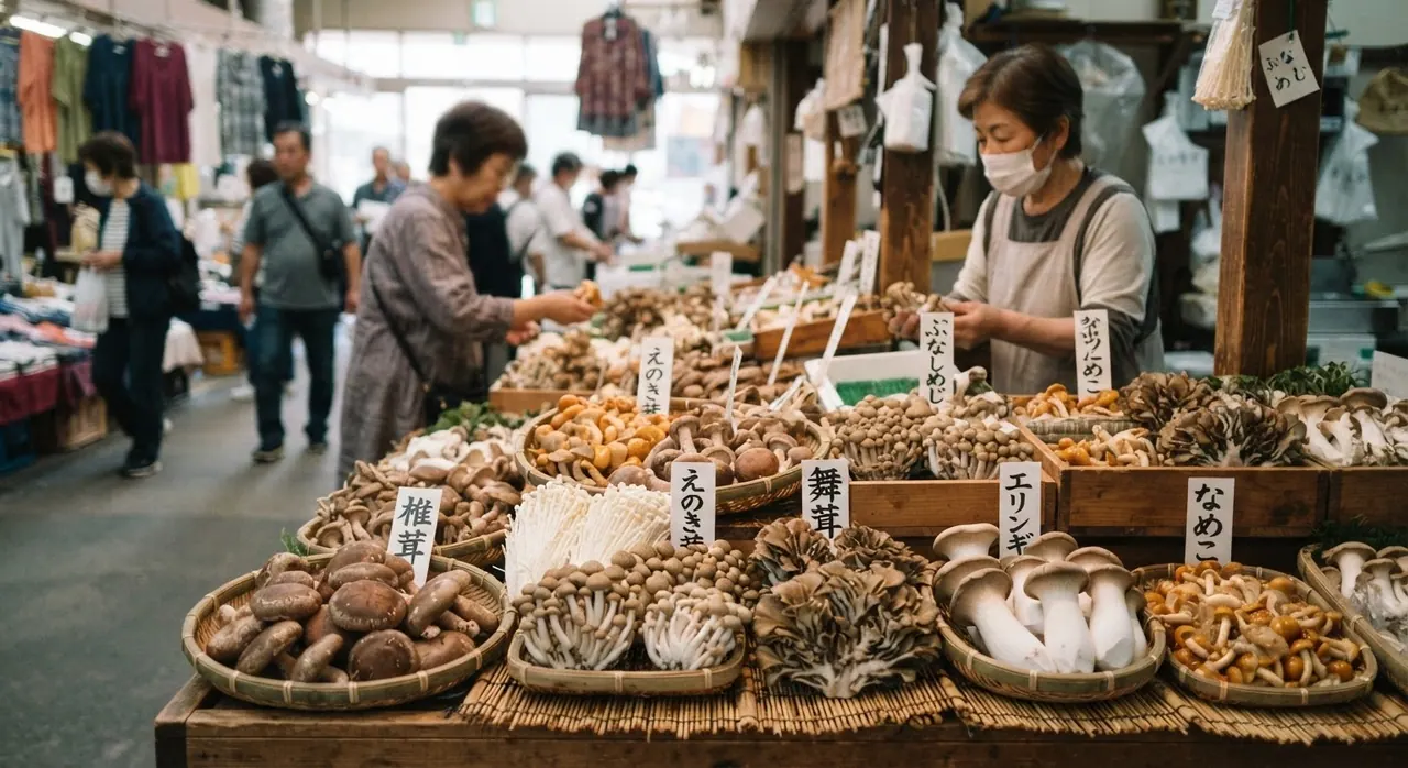 日本の市場で販売される様々な種類のきのこ