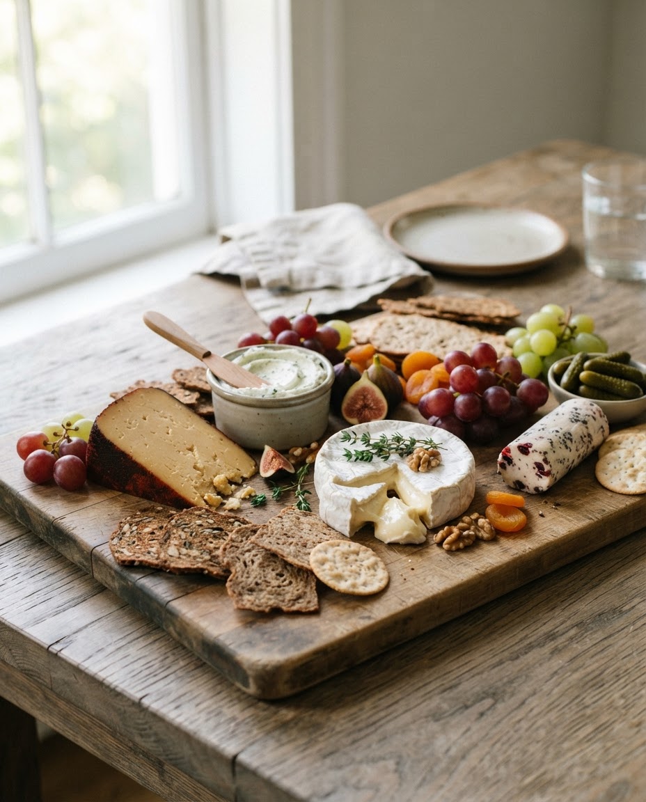 A colourful spread of vegan cheeses, including hard, soft, and spreadable varieties, arranged invitingly on a rustic wooden board.