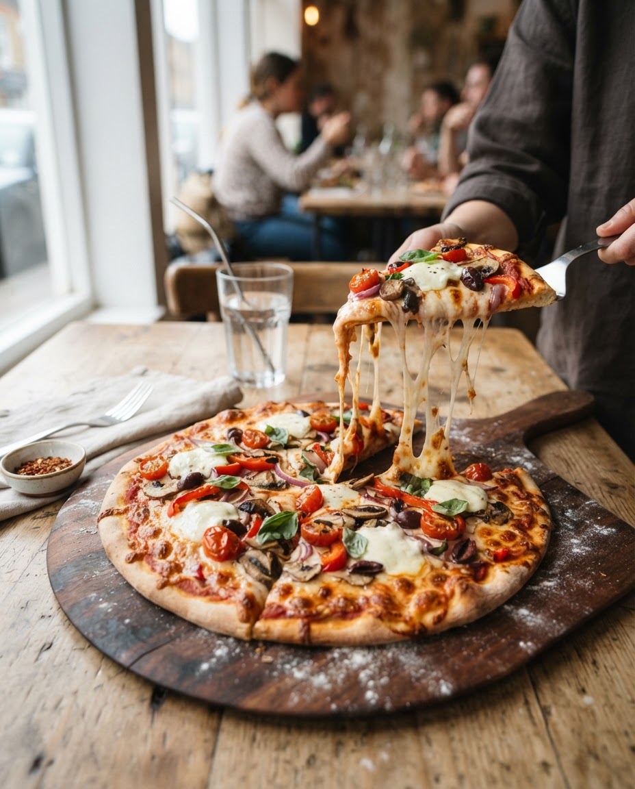 A delicious vegan pizza showcasing the impressive meltability of modern plant-based mozzarella.