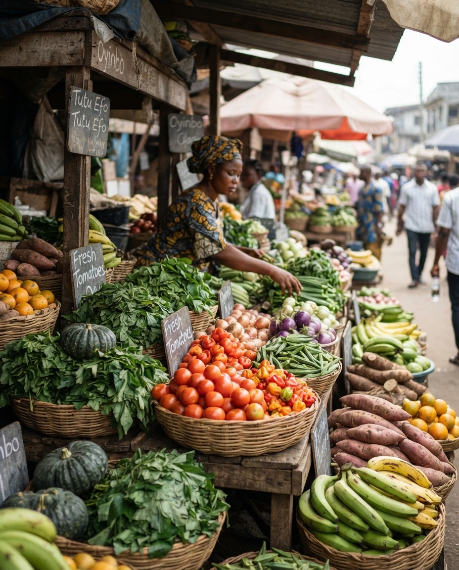 Àwọn èso àti ẹ̀fọ́ onírúurú ní ilé-ìtajà kan ní Nàìjíríà