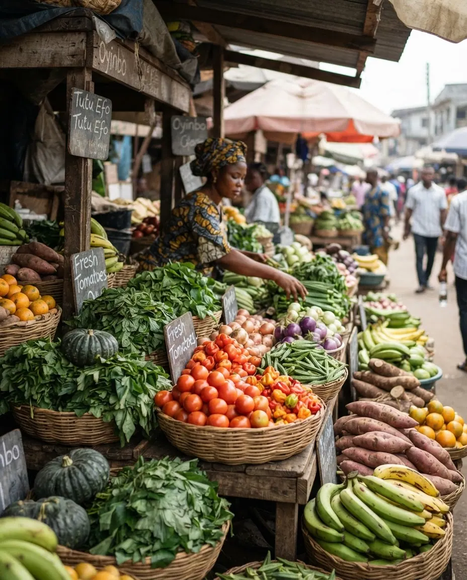 Àwọn èso àti ẹ̀fọ́ onírúurú ní ilé-ìtajà kan ní Nàìjíríà