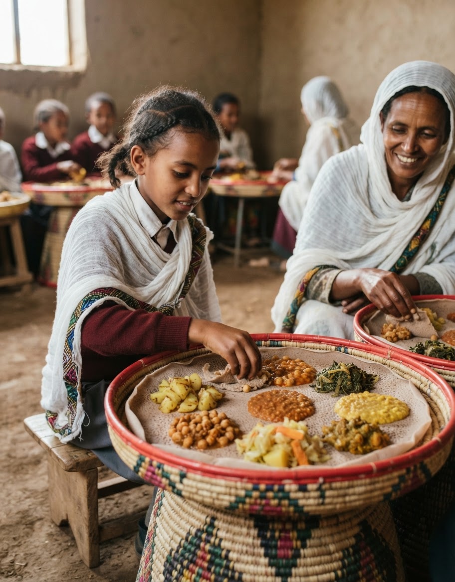 የኢትዮጵያ የጾም ምግብ ስብስብ ከእንጀራ፣ ሽሮና ጥራጥሬዎች ጋር