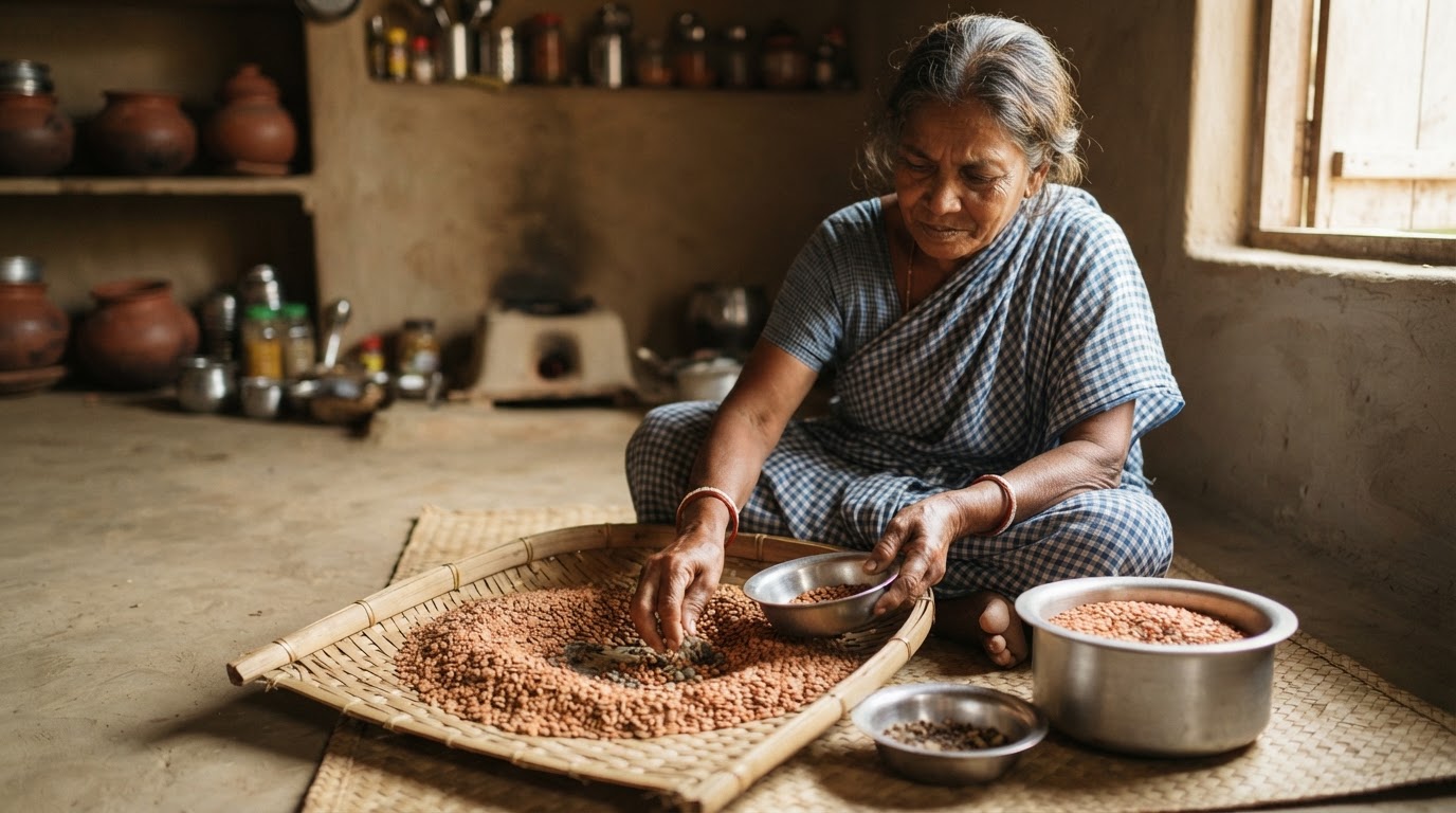 হাতে বাছাই করে ডাল পরিষ্কার করছেন একজন মহিলা।