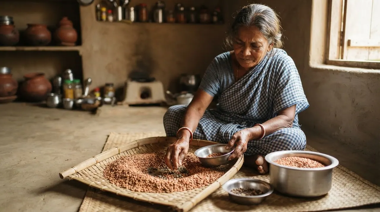 হাতে বাছাই করে ডাল পরিষ্কার করছেন একজন মহিলা।