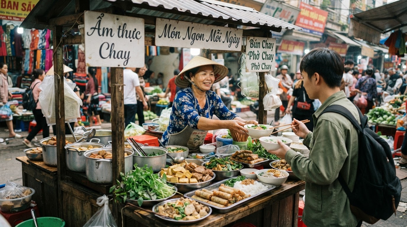 Một quầy hàng ẩm thực chay tại chợ Việt Nam