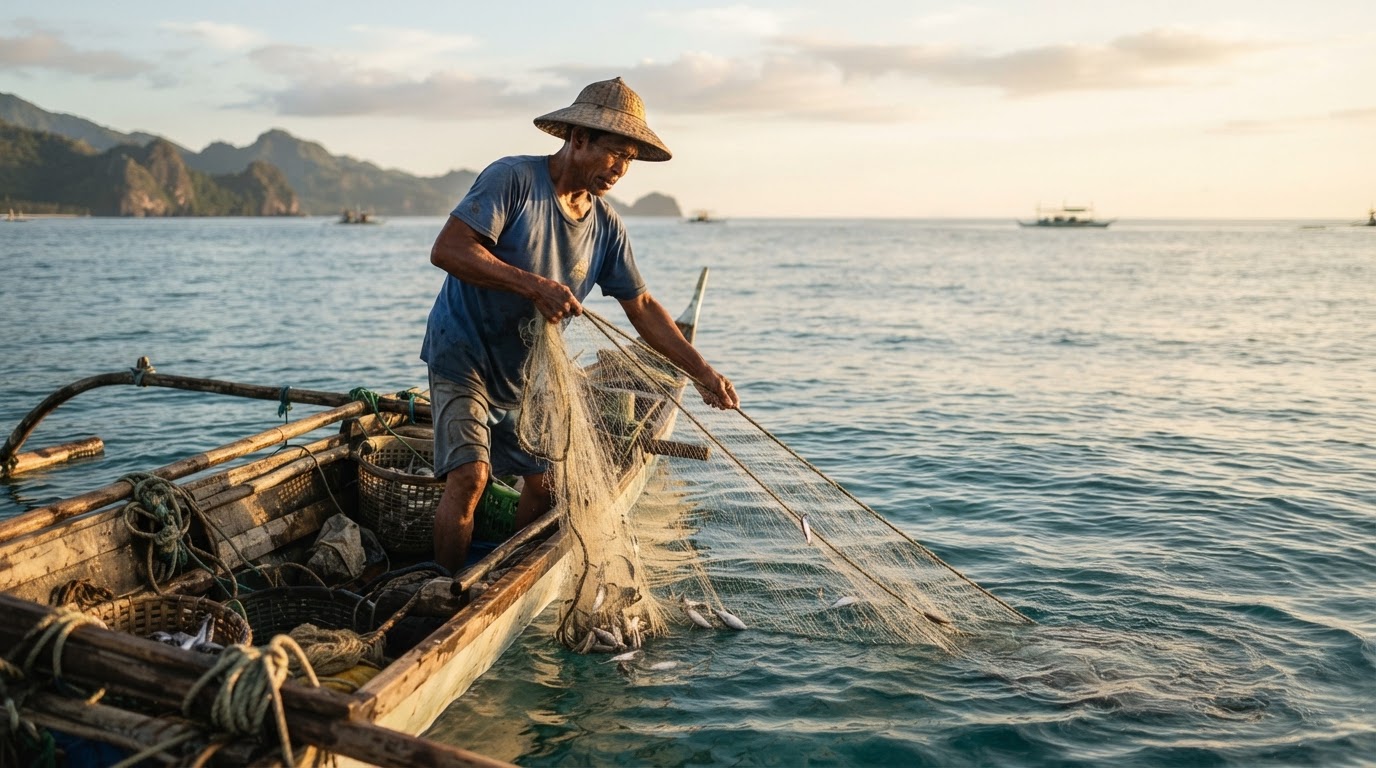 Mangingisdang Pilipino sakay ng bangka na may lambat