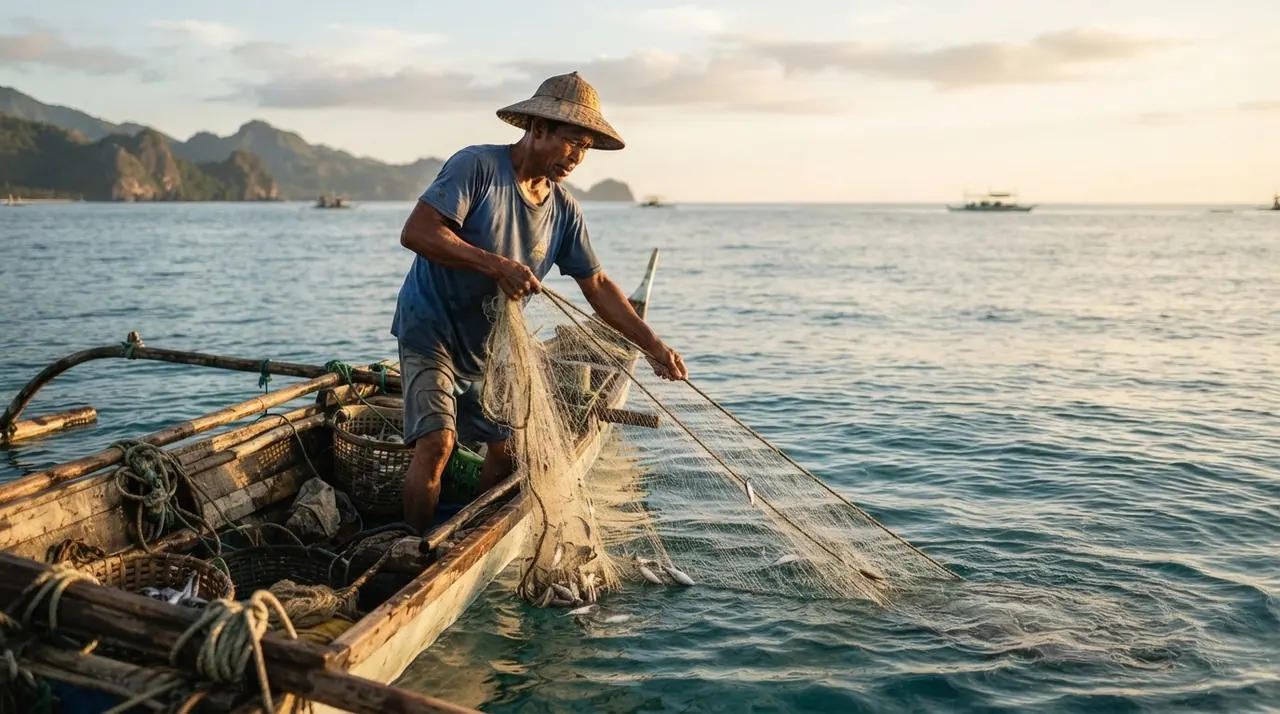 Mangingisdang Pilipino sakay ng bangka na may lambat