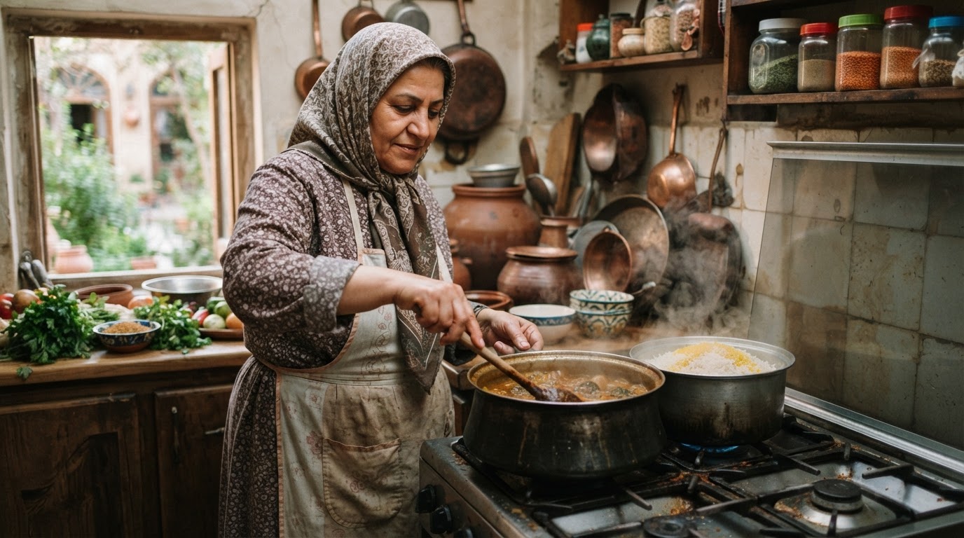زنی در حال پختن خورش برنج در آشپزخانه سنتی