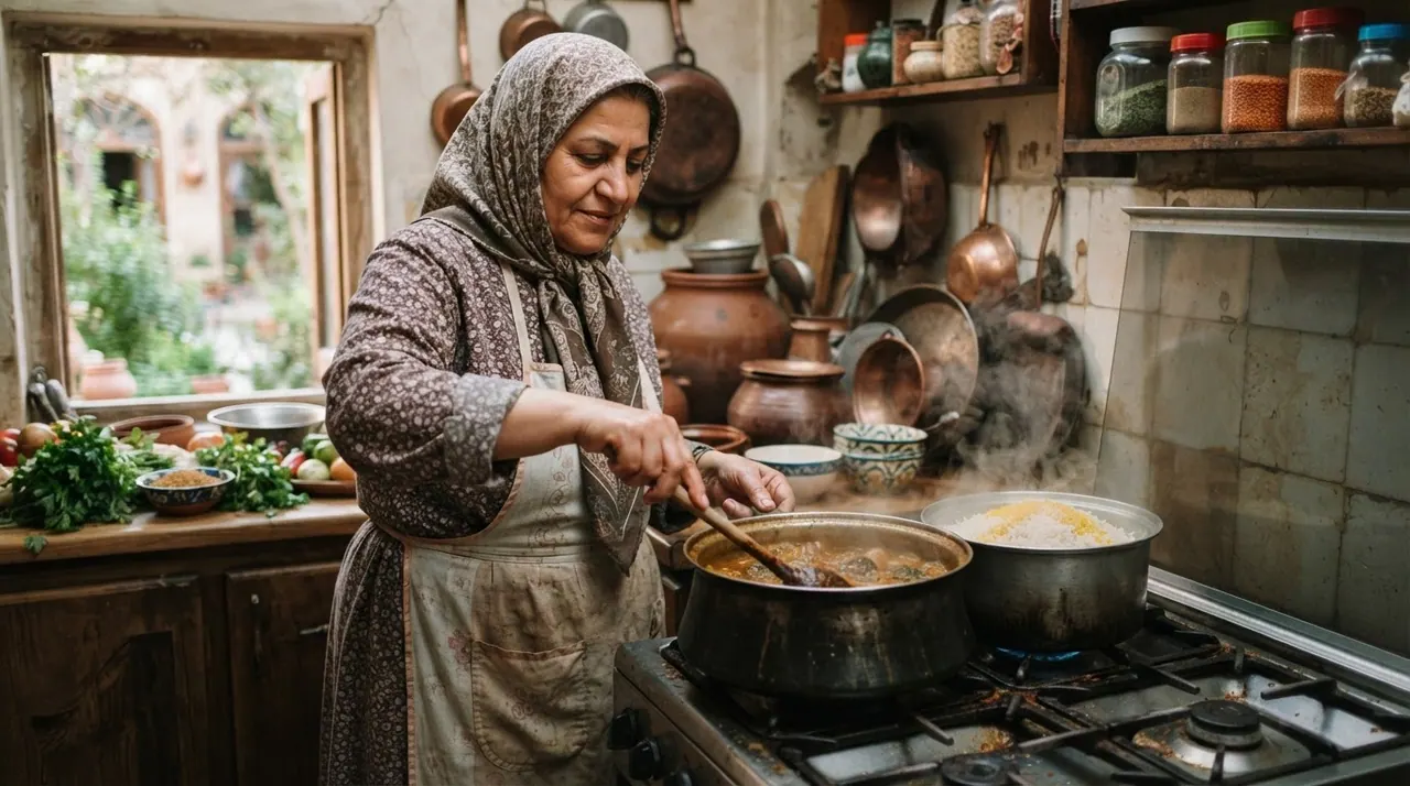 زنی در حال پختن خورش برنج در آشپزخانه سنتی