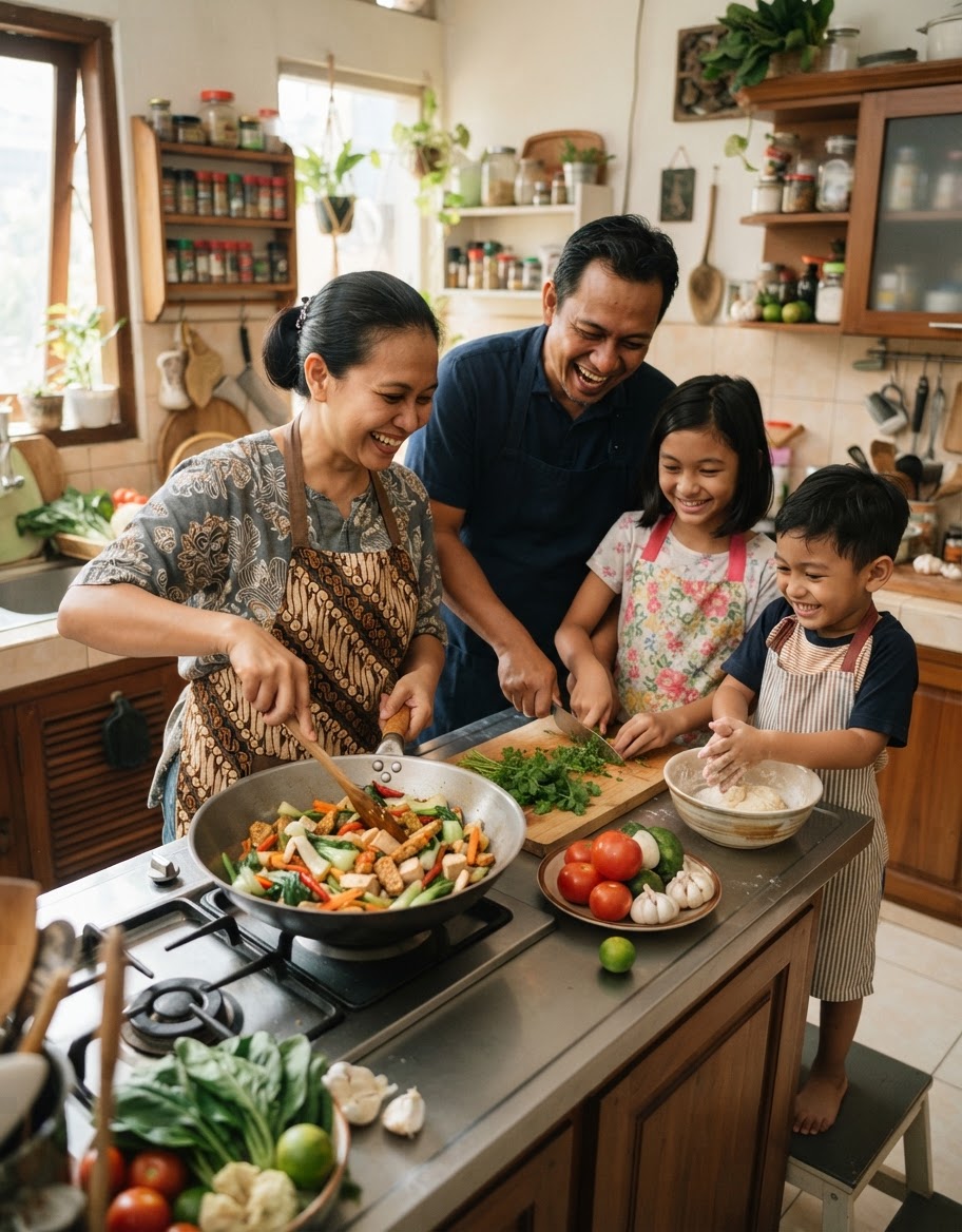 Keluarga Indonesia memasak bersama di dapur