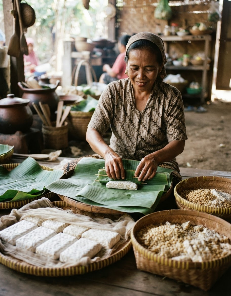 Proses tradisional pembuatan tempe di Indonesia, menunjukkan fermentasi kedelai.