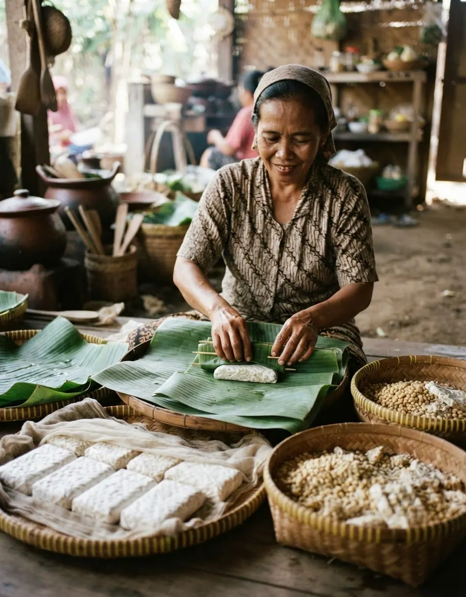 Proses tradisional pembuatan tempe di Indonesia, menunjukkan fermentasi kedelai.