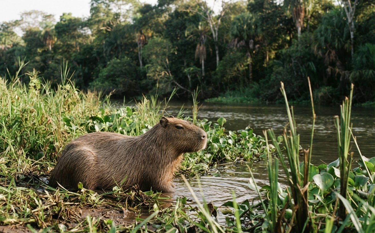 Capybara, peteĩ mymba oikóva ysyry yvyty pa'ũme, oipytyvõ yvytu ojapo haĝua heta mba'e yvyra guasu rupi.