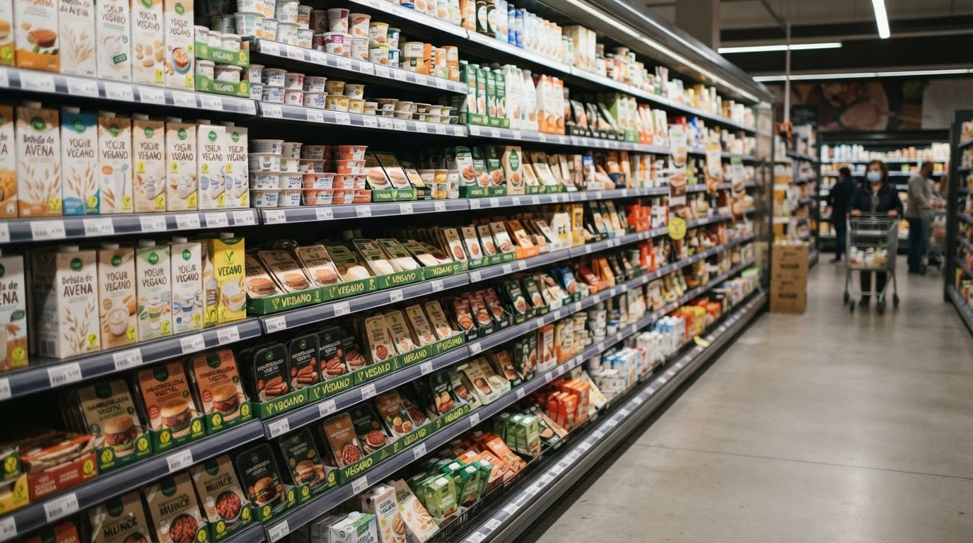 Estante de supermercado lleno de productos veganos.