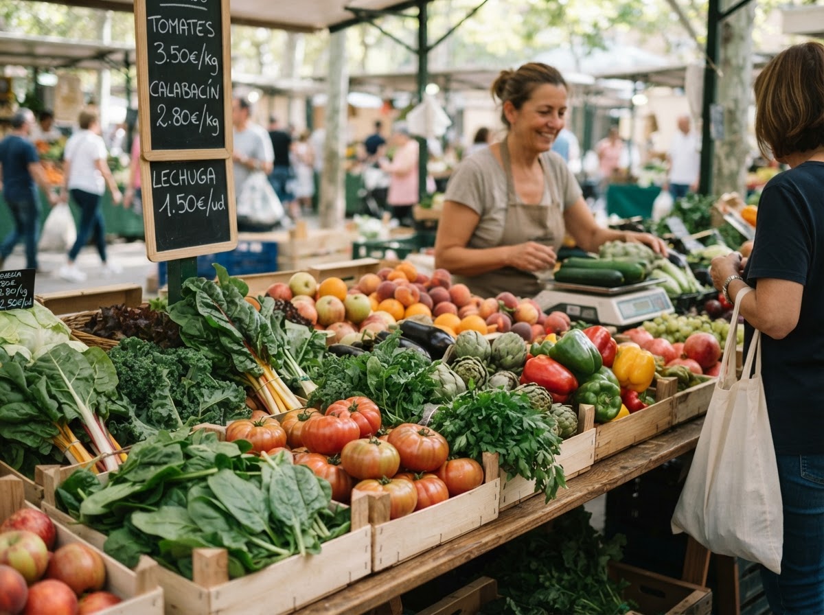 Un puesto de mercado local rebosante de frutas y verduras frescas, reflejando la importancia de los productos de temporada y de cercanía.