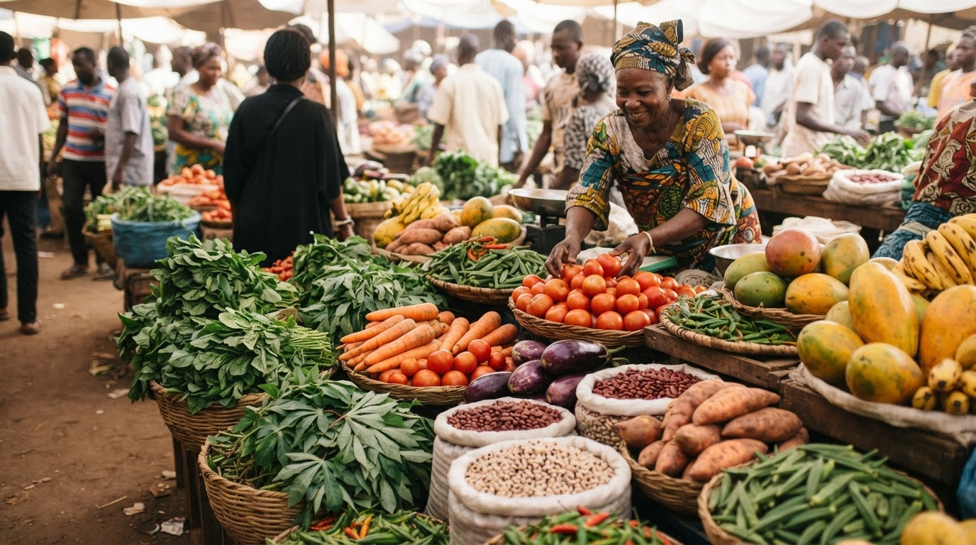 Mercado africano vibrante com uma variedade colorida de vegetais frescos e frutas.