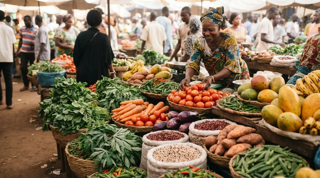 Mercado africano vibrante com uma variedade colorida de vegetais frescos e frutas.