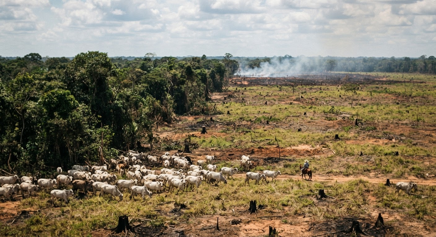 A expansão da pecuária é um dos principais impulsionadores da desflorestação na Amazónia, afetando a biodiversidade e o clima global.