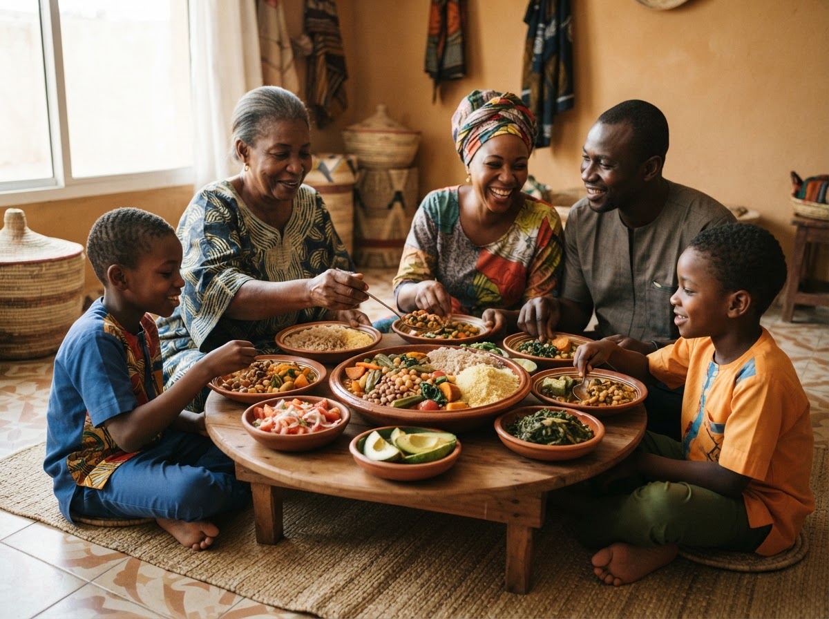 Uma refeição familiar africana tradicional, destacando a importância dos vegetais e leguminosas.