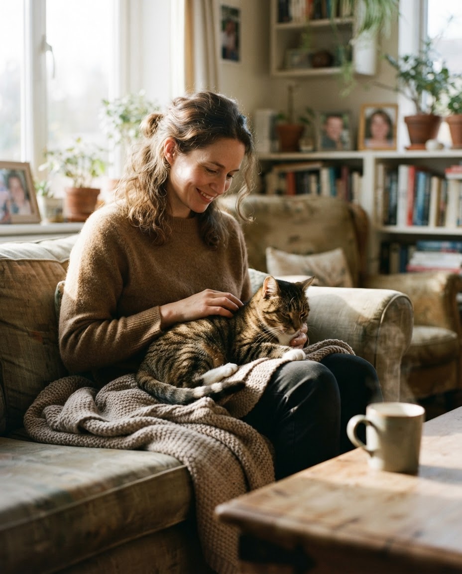 Eine Frau hält eine Katze auf ihrem Schoß in einem gemütlichen Wohnzimmer.