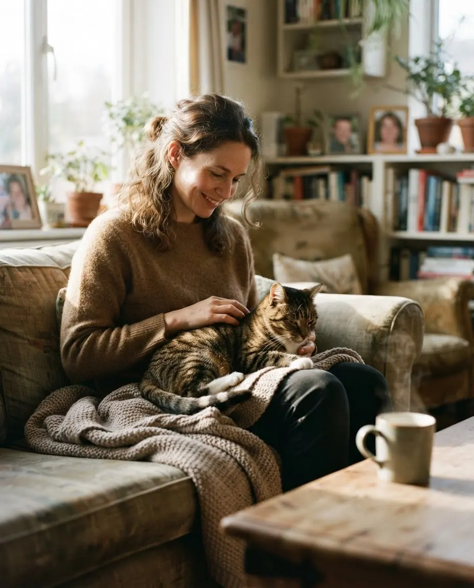 Eine Frau hält eine Katze auf ihrem Schoß in einem gemütlichen Wohnzimmer.