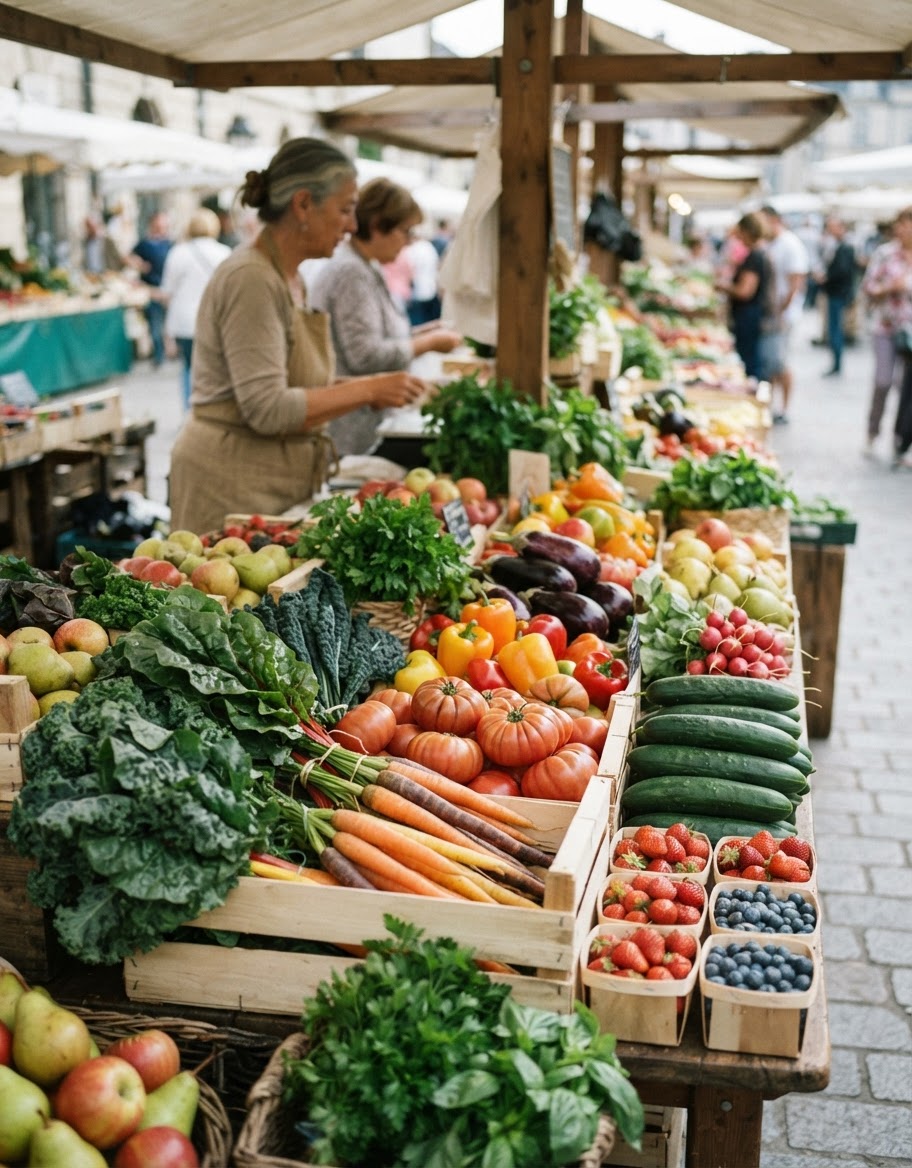 Un étal de marché coloré proposant des fruits et légumes frais