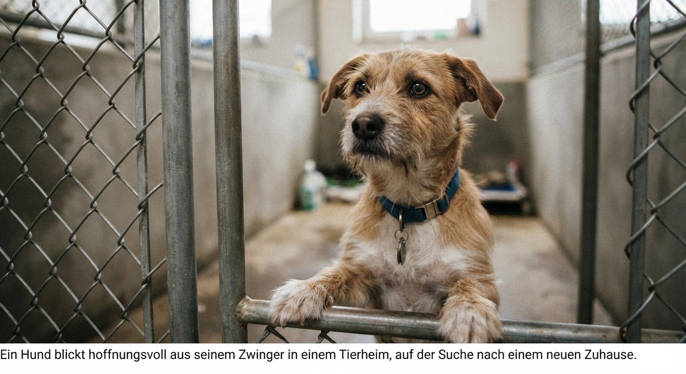 Ein Hund blickt hoffnungsvoll aus seinem Zwinger in einem Tierheim, auf der Suche nach einem neuen Zuhause.