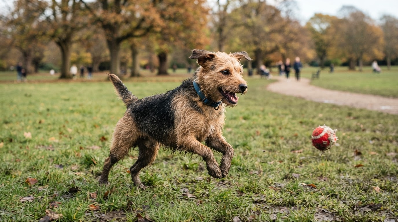 Ein geretteter Hund spielt ausgelassen im Park, ein Symbol für die Freude und das neue Leben, das Adoption ermöglicht.
