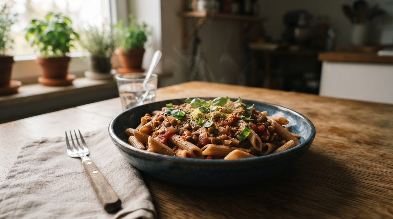 Des pâtes complètes avec une sauce riche en lentilles, un plat végétal satisfaisant.