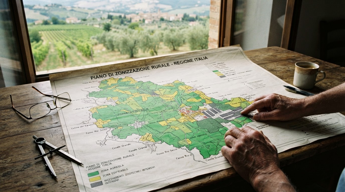 Mappa di zonizzazione rurale italiana che delinea le aree edificabili e agricole.