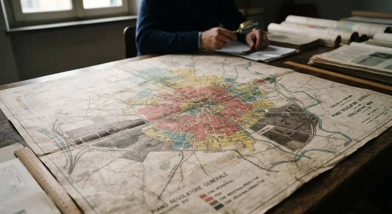 Un esempio di mappa di zonizzazione urbana dall'Italia del dopoguerra, focalizzata sulla separazione delle aree residenziali e industriali.