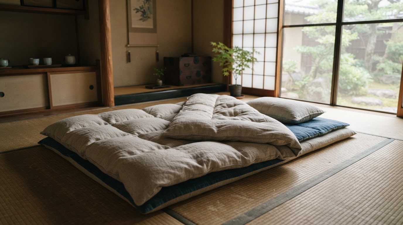 日本の伝統的な布団が敷かれた寝室