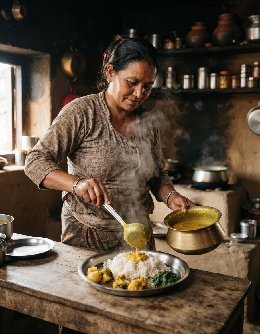A woman carefully serves a steaming plate of dal bhat, a staple Nepali meal, in a warm, traditional kitchen setting.