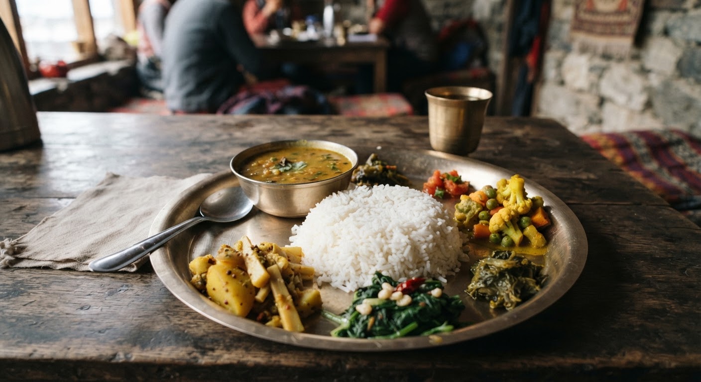 A typical dal bhat meal, showcasing the rice, lentil soup, and an assortment of vegetable dishes and pickles.