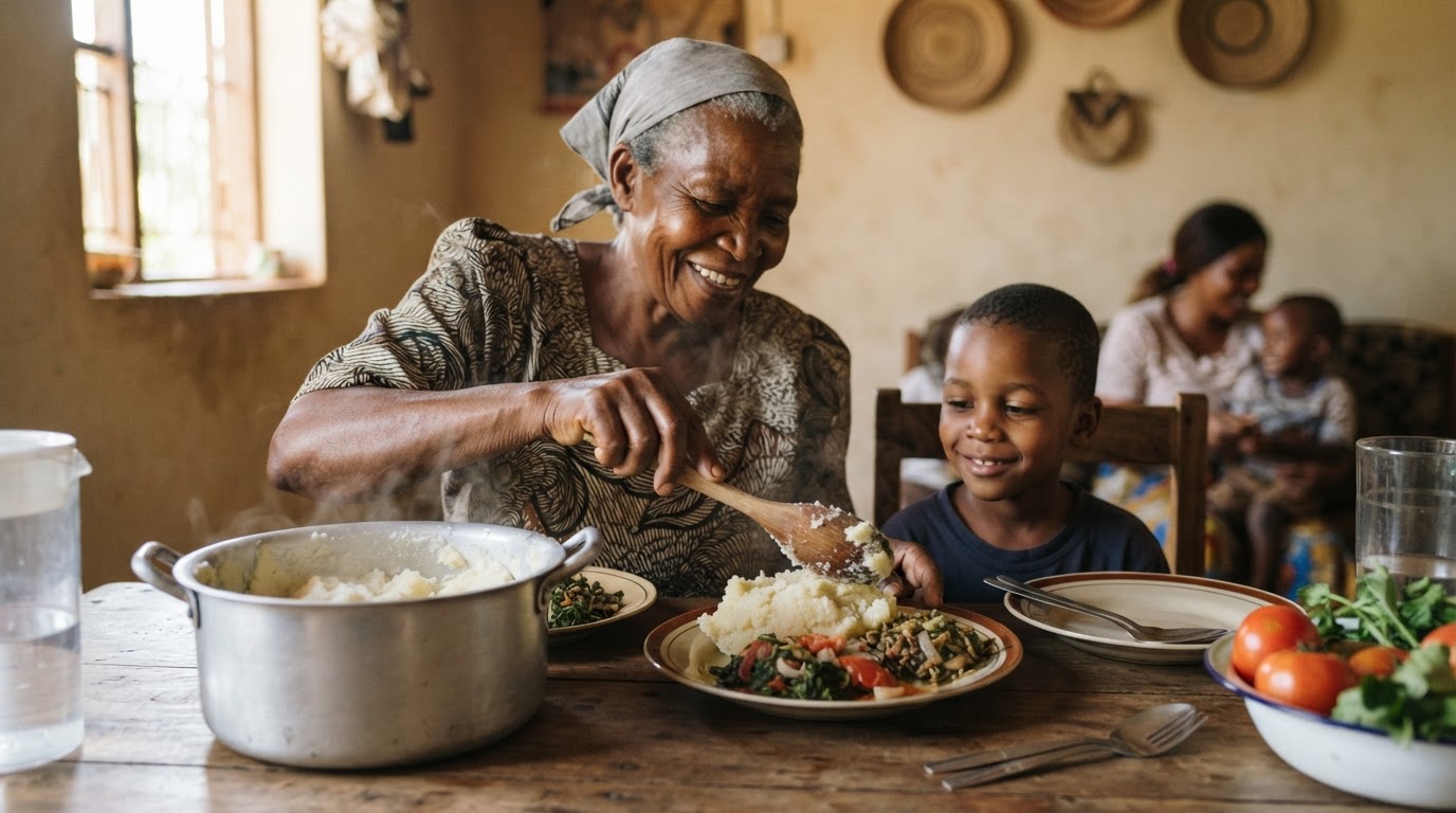 Bibi wa Kitanzania akihudumia ugali na mboga